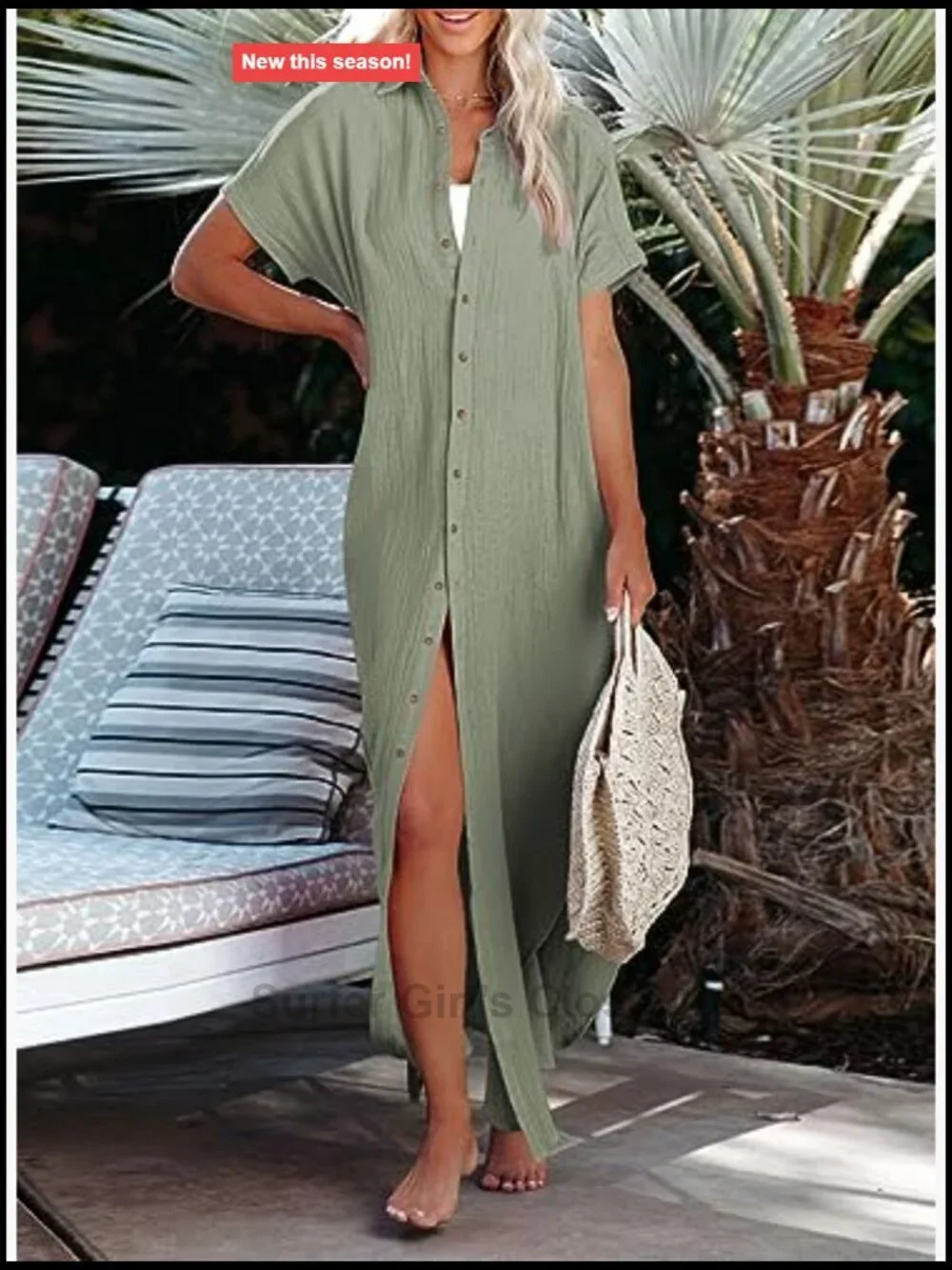 Short Sleeve Button Down Side Split Dress Swimsuit Cover Up Kimono Cardigan